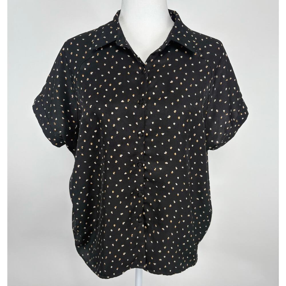 Oat New York Printed Button Down Short Sleeve Blouse Top Size Small Career Chic